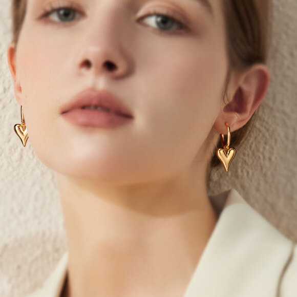 Luxury Heart Pendant Hoop Earrings 18K Gold Plated Stainless Steel - Picture 3 of 11